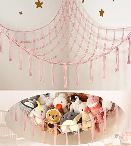 Stuffed Animal Storage Hammock Corner Net - Pink Room Christmas Decor for Teen Girls - Toys Storage Hanging Stuff Animal Organizer Holder Cute Stuff - Boho Nursery Dorm Bedoom Decor Aesthetic - Image 1