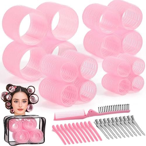 obeoby 4 Sizes Self-Grip Hair Rollers Curlers Set for Women, Pink | No-heat Set with Clips Comb (25, 36, 48, 60mm) Plastic Jumbo Large Small for Long Short Curly Bangs Styling Accessories Gifts - Image 1