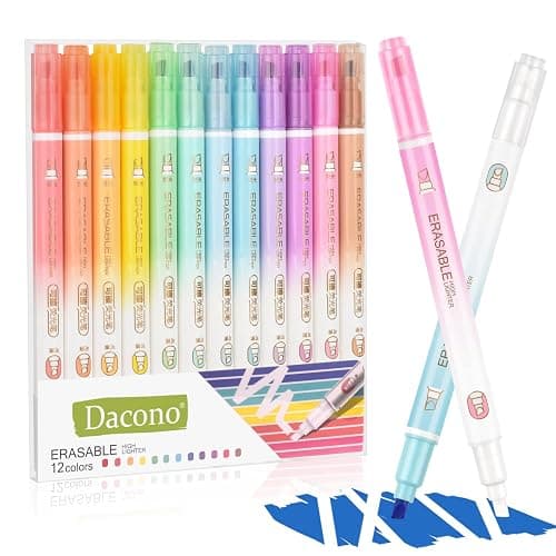 Dacono Erasable Highlighters, 12 Pcs Bible Highlighters No Bleed Through, Chisel Tip Assorted Colors Highlighter Erasable Marker Pens for Journal Planner Notes School Office Supplies - Image 1