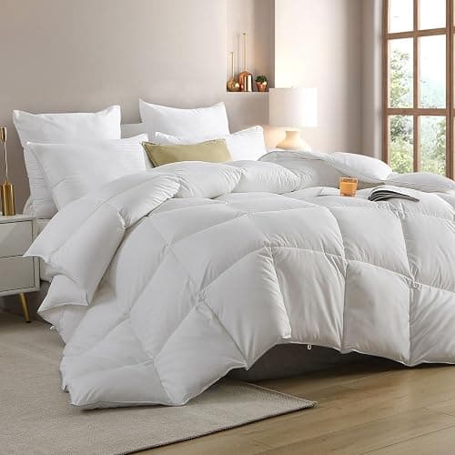 Cobnom® Hotel Luxury Feather Down Comforter Full Size, Medium Warm All Season Duvet Insert, Silky Soft Egyptian Cotton Blend Cover, Ethically Sourced Feather & Down Filled, 82x86 Inch, White - Image 1