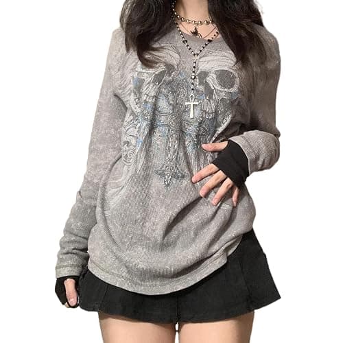 Women Y2k Fairy Grunge Shirt Vintage Graphic Print Long Sleeve Tee Tops Teen Girls Aesthetic Clothes Streetwear - Skull Black - Small - Image 1