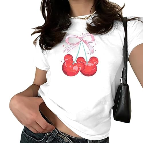 Pink Bow Cherries Shirt Women: Coquette Tops Clean Girl Aesthetic Shirts Casual Summer Short Sleeve Tshirt - Image 1
