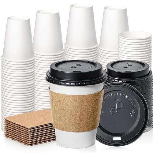Fit Meal Prep 100 Pack 12 oz Disposable Coffee Cups with Lids, Sleeves, Leak-Proof To Go Coffee Cups with Lids, Durable Paper Cups for Hot Beverage, Home, Office, Party - 12 oz - 100 - Image 1