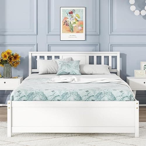 Giantex Full Size Solid Wood Platform Bed Frame, Mid Century Full Bed Frame with Headboard, Wood Slat Support, Double Panel Bed, No Box Spring Needed, Easy Assembly, White - Image 1