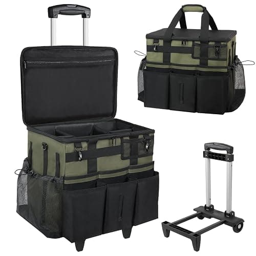 Rolling Cleaning Caddy Bag with Detachable Trolley, Large Cleaning Supplies Organizer with Wheels, Multi-Pocket Cleaning Cart with Adjustable Shoulder Strap for Housekeepers & Home Use, Armygreen - Image 1