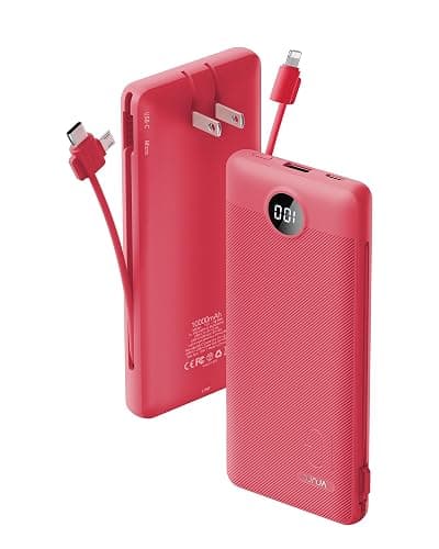 Portable Charger Built-in Cables and AC Wall Plug, VRURC USB C Power Bank 10000mAh, Travel Battery Portable Phone Charger Compact Lightweight External Battery Pack for SmartPhones,Tablets-Viva Magenta - Image 1