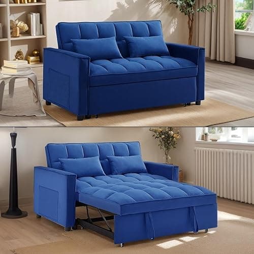 3 In 1 Velvet Convertible Sofa Bed, Pull Out Couch Bed with Reclining Backrest And 2 Pillows, 54" Full Size Loveseat Sleeper Sofa Futon Couch Bed, Couches For Small Spaces, Living Room (Blue) - Image 1