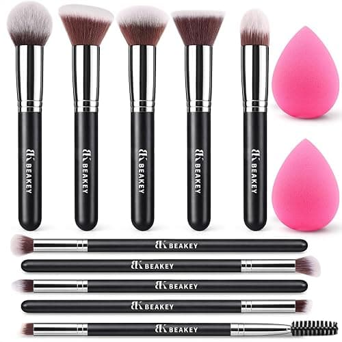 BEAKEY Makeup Brush Set 10 Brushes 2 Blender Sponges Soft Synthetic Bristles for Foundation Eyeshadow Concealer Blush Bronzer Beginner Friendly Daily Use - Image 1