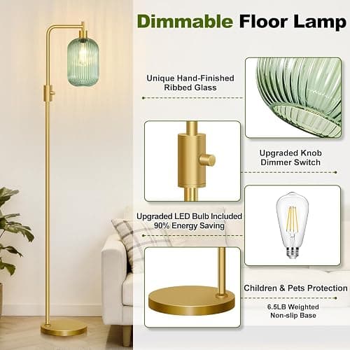 【Upgraded】 Dimmable Floor Lamp for Living Room with Green Ribbed Glass Lampshade, Gold Modern Floor Lamp with 900LM LED Bulb Included, Arc Standing Tall Lamp for Bedroom, Office, Reading Room, Corner - Image 1