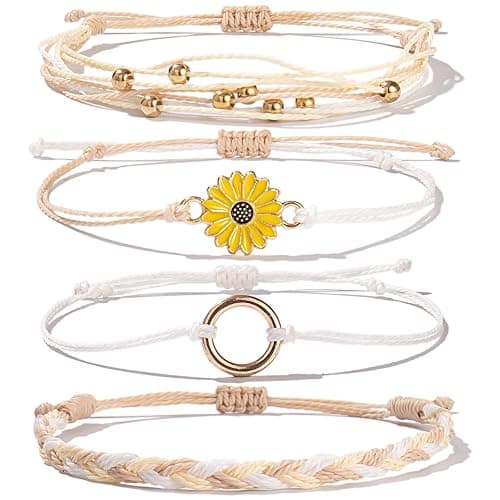 FANCY SHINY Sunflower String Bracelet Handmade Braided Rope Charms Boho Surfer Bracelet for Women - Wheat - Image 1