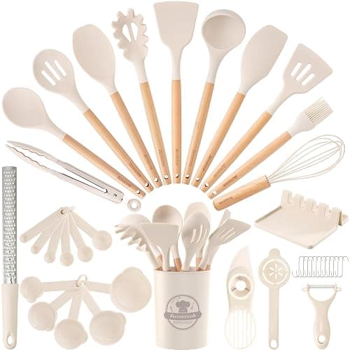 Astercook Kitchen Utensils set, 39 PCS Silicone Cooking Utensils Set with Wooden Handle, 446°F Heat Resistant Food Grade Utensil Sets, BPA Free Kitchen Gadgets Tools Set for Nonstick Cookware (Cream) - Image 1