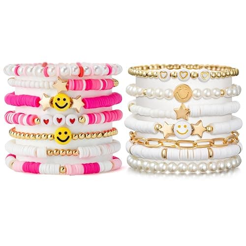 LieToi Preppy Heishi Bracelets Set Colorful White Gold Smile Heart Star Evil Eye Beaded Polymer Clay Pearl Stackable Charm Y2K Kidcore Summer Beach Bohemian Layering Bracelets Jewelry for Women Girls Teens - Image 1