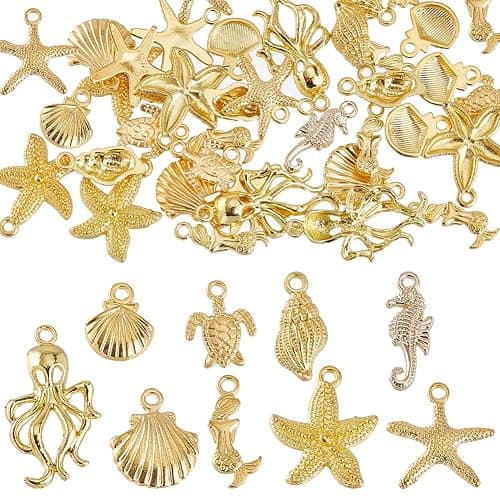 SUNNYCLUE 1 Box 54Pcs 9 Styled Gold Sea Charms Ocean Charms Bulk Alloy Turtle Starfish Seahorses Mermaids Sea Animal Conch Summer Beach Charm for Jewelry Making Charms Women DIY Necklace Earring - Image 1