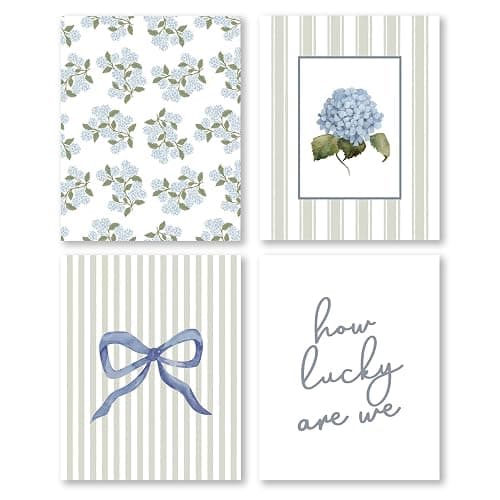 Pleonox Sage Green Preppy Coquette Blue Bow Hydrangea Floral Wall Art Prints 8x10 Inch Set of 4, How Lucky Are We Preppy Blue Floral Pictures Wall Decor for Girly Bedroom Dorm Apartment, Unframed - Image 1