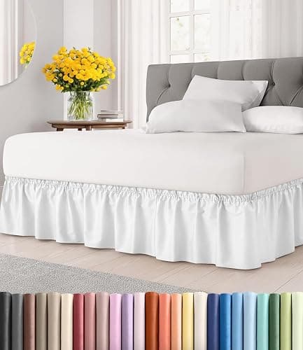 Wrap Around Dust Ruffle Bed Skirt, Full Size Beds - 12 Inch Drop, White | Easy Fit Elastic Strap, Adjustable Pleated Bedskirt w/Brushed Fabric, Wrinkle & Fade Free, for Women, Men, Kids & Teens - Image 1