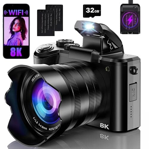 8K Digital Cameras for Photography with WiFi,Autofocus 88MP Vlogging Camera for YouTube with Dual-Lens,16X Digital Zoom Point and Shoot Camera,3.2''Touch Screen, Anti-Shake,2 Batteries &Charging Stand - Image 1