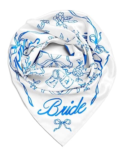 xo, Fetti Bride Head Scarf, 27x27 in | Bachelorette Bandana, Bridal Headwear, Bach Party Accessory, Bridesmaid Gift, White Wedding Handkerchief, Something Blue Silk Hat - Image 1