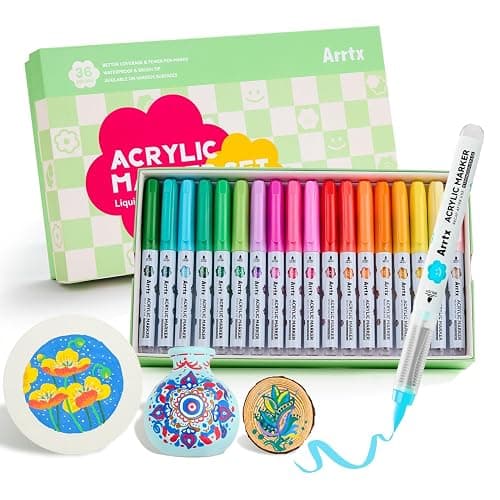 Arrtx Rotuladores de pintura acrílica de 36 colores para pintura de roca, punta de pincel, marcadores acrílicos, marcadores de pintura impermeable para piedra, vidrio, huevo, madera, manualidades - Image 1