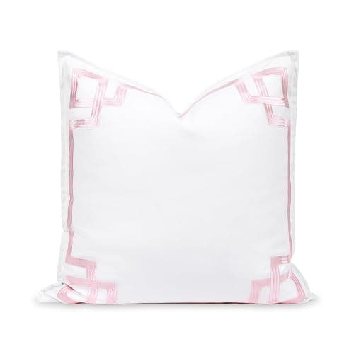 Hofdeco Premium Coastal Patio Indoor Outdoor Throw Pillow Cover Only, 20"x20" Water Repellent for Backyard, Couch, Blush Pink Embroidered Frame Greek Key - Image 1