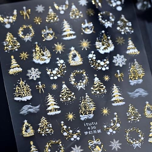Gold Christmas Nail Stickers for Nail Art White Snowflake Nail Decals Deisgn 5D Embossed Gold Bow Xmas Tree Nail Art Stickers Christmas Nail Supplies for Women Gilrs Nails Decoration Accessories - Image 1