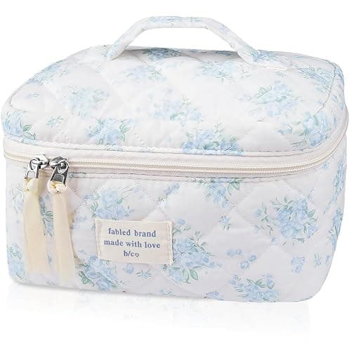 Gosect Large Travel Quilted Makeup Bag for Women,Big Floral Cotton Cosmetic Bag, Cute Coquette Aesthetic Floral Toiletry Organizer Bag (Blue Rose) - Image 1