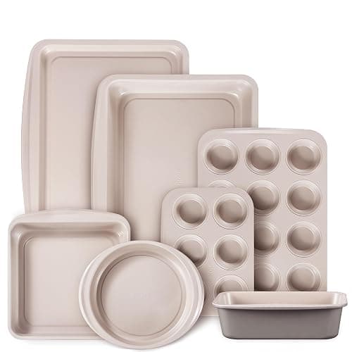 CAROTE 7-Piece Nonstick Stackable Baking Pans Set - Bakeware Sets Including Cookie Sheets for Baking, Muffin Pan, Bread Pan, Cake pan, Loaf Pan, Roasting Pan, Gray & Khaki - Image 1