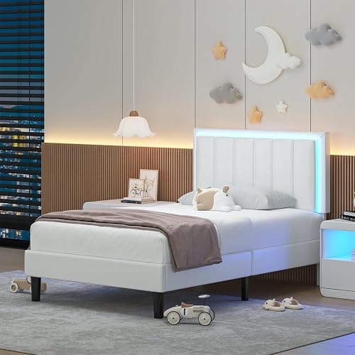 IMMERSTABLE Twin Bed Frame with LED Lights, Twin Upholstered Bed Frame, Twin Bed Frames with Headboard, No Box Spring Needed, Noise-Free, Easy Assembly, White - White - Twin - Image 1