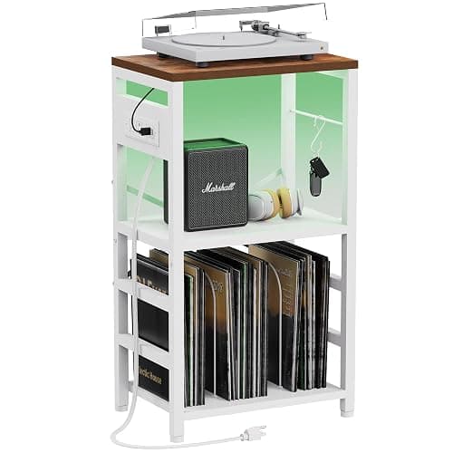 YAKANJ End Table with LED Light,Record Player Stand with Charging Station,Vinyl Records Storage,Turntable Stand Albums Storage for Music Room Studio-Industry White - Image 1