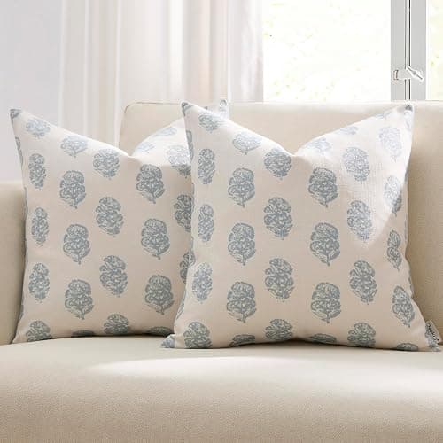 Meekio Set of 2 Blue and White Patterned Pillow Covers 18x18, Coastal Farmhouse Block Print Decorative Throw Pillow Covers for Couch Sofa Bed, Linen Blend Cushion Covers Living Room Decor - Image 1