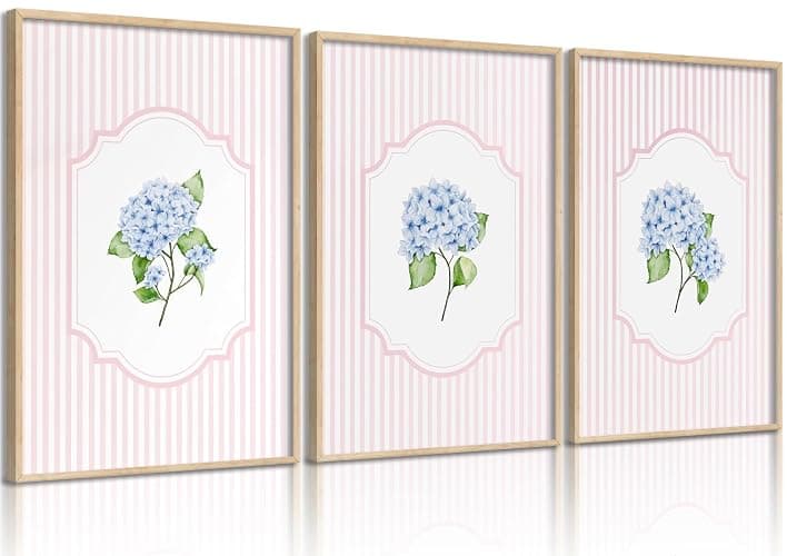 Blue Hydrangea Wall Art Pink Striped Rustic Farmhouse Floral Pictures Wall Decor Cottagecore Botanical Posters Vintage Grandmillenial Flower Painting Print Artwork for Girls Room Dorm, Unframed - Image 1