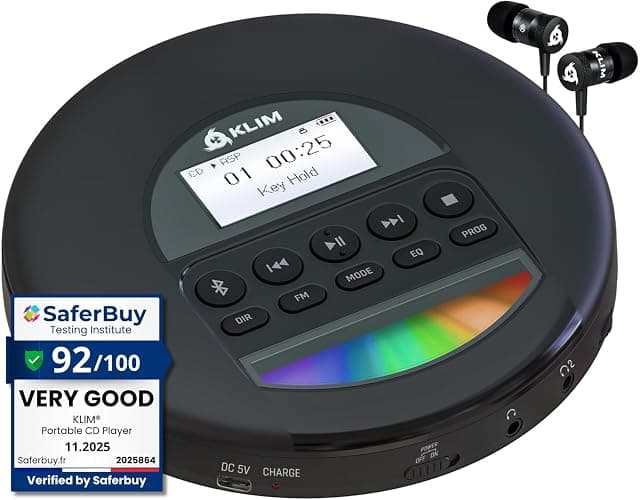 KLIM Nomad Portable CD Player Walkman with Long-Lasting Battery - with Headphones - Radio FM - Compatible MP3 CD Player Portable - TF Card Radio FM AM Bluetooth - Ideal for Cars - Black - Image 1