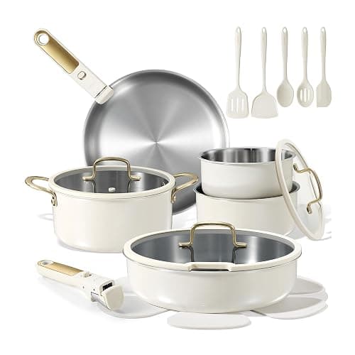 CAROTE 19pcs Tri-Ply Stainless Steel Cookware Set with Detachable Handle, Pots and Pans Set, Induction Kitchen Cooking Sets, RV/Camping Cookware, Outer Ceramic Layer, Oven Safe, Cream White - Image 1
