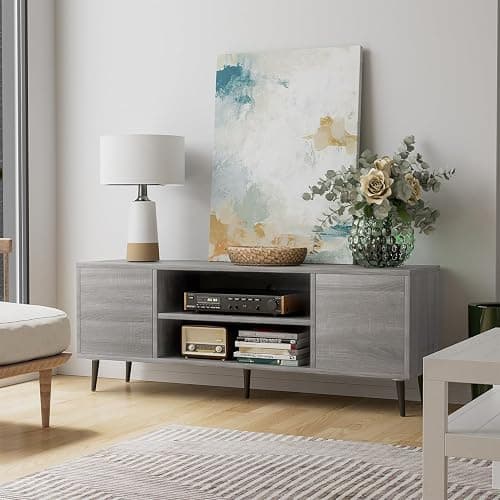 JUMMICO TV Stand for 65 Inch TV, Mid Century Modern TV Stand, Entertainment Center with Storage Cabinet and Open Shelves, TV Console Table Media Cabinet for Living Room, and Bedroom (Light Gray) - Image 1