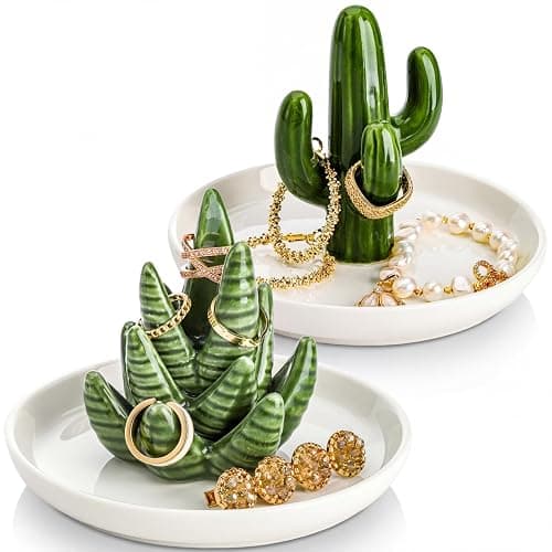 Elsjoy Set of 2 Aloe and Cactus Ring Holder Dish, Ceramic Plant Jewelry Dish Bracelet Earrings Necklace Organizer Tray, Decorative Succulent Trinket Dish for Wedding, Birthday Gifts, Home Decor - Image 1