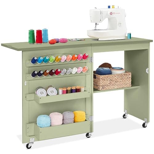 Best Choice Products Folding Sewing Table Multipurpose Craft Station & Side Desk with Compact Design, Wheels, Shelves, Storage Trays, Pegs, Magnetic Doors, Metal Doorknobs - Light Green - Image 1