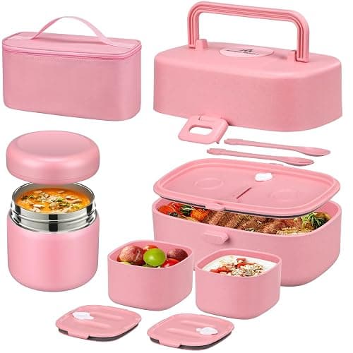 Pawtong Bento Lunch Box with 8oz Soup Thermo, Kids Sustainable Bento Box Leakproof Lunch Food Containers with Lunch Bag, Kids Thermo Insulated Hot Food Jar for School, Trvael (Pink) - Pink - Image 1