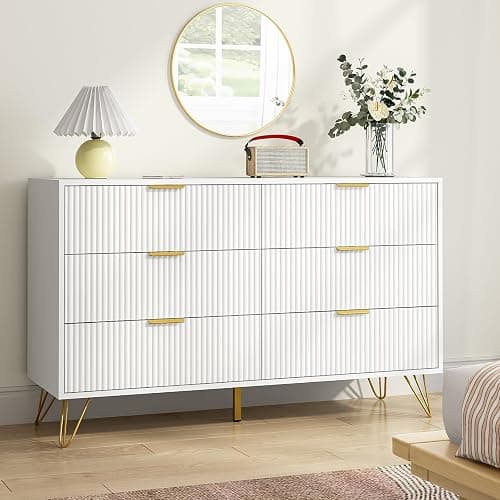 BAZELOR White 6 Drawer Dresser with Golden Handle, Fluted Wood Dressers, Modern Chest for Bedroom, Living Room, Hallway, Entryway - Image 1