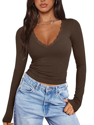 PINKMSTYLE Women Sexy V Neck Lace Long Sleeve Shirts Basic Fitted Double Lined Going Out Y2K Trendy Fall Tops - Image 1