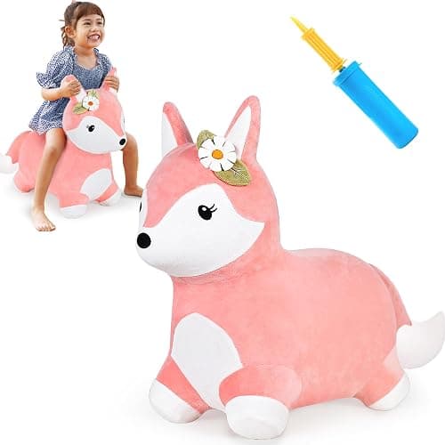 iPlay, iLearn Bouncy Pals Hopping Fox Horse, Toddler Girl Inflatable Bouncing Animal Hopper Toy, Outdoor Indoor Plush Ride on Bouncer, Baby Birthday Gift 18 Month 2 3 4 Year Old Kid - Fox - Image 1