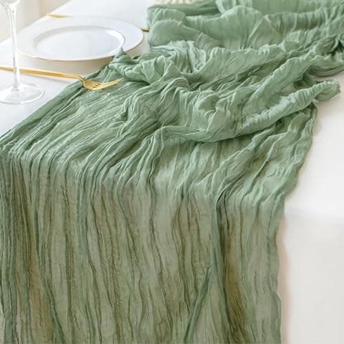 Sioloc Sage Green Cheesecloth Table Runner 120'' x 35'',Spring Easter Decor Soft Gauze Boho Wedding Table Decor for 10ft Table Birthday Party,Baby Shower, Bridal Shower, Home & Event Decor - Image 1