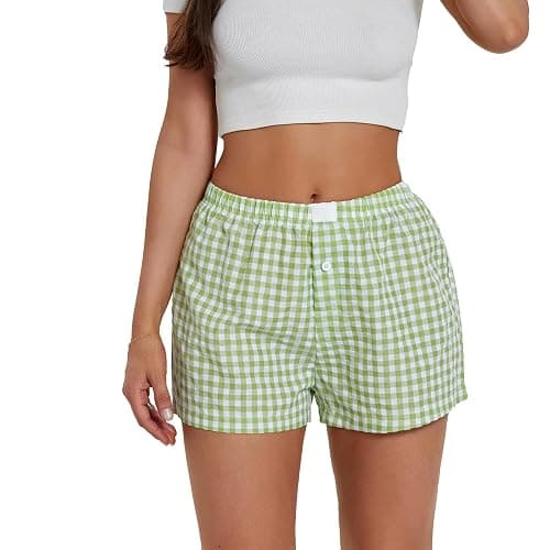 Pivanzore Y2k Plaid Shorts for Women Casual Elastic Waist Aesthetic Lounge Bottom Baggy Pajama Shorts Boxers Sleepwear - Image 1