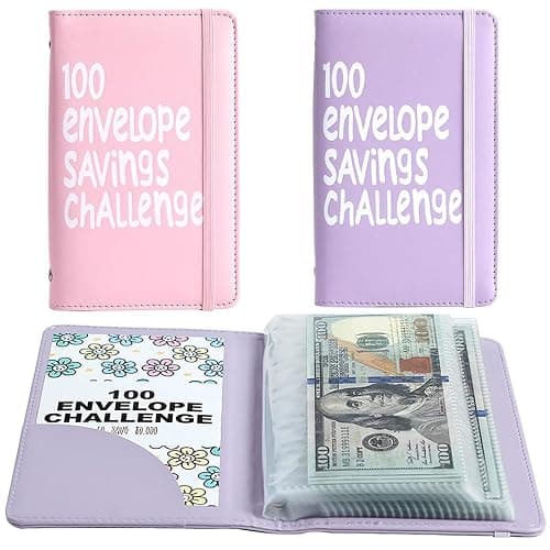 2Pcs 100 Envelopes Money Saving Challenge, Motivational Savings Challenge Binder, Durable Cash Organizer with Inspiring Quotes, Savings Challenges Book to Plan and Save $5,050(Pink+purple) - Image 1