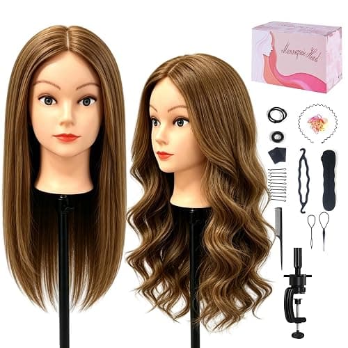 Mannequin Head with 100% Real Human Hair, Beauty Star Manikin Doll Head for Hair Styling, Cosmetology Hairdressing Training Practice Head with Clamp Stand (18" Blue Eyes) - Image 1