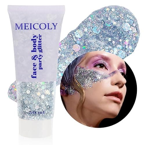 MEICOLY Silver Body Glitter,Chunky Silver Face Hair Mardi Gras Glitter,Halloween Silver Glitter Makeup,Sparkle Face Paint for Women and Kids,Music Festival Party Outfits for Women Accessories - Image 1