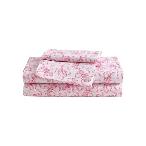 Betsey Johnson - Twin XL Bed Sheets, Soft Bedding with Matching Pillowcase, Fade & Wrinkle Resistant, Lightweight for Year Round Use, Dorm Essentials (Ballet Bows Pink) - Ballet Bows Pink - Twin XL - Image 1