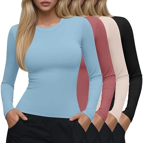 Neer 4 Pcs Womens Long Sleeve Yoga Shirts Crew Neck Compression Tight Workout Shirts Lightweight Stretchy Breathable Tees - Image 1