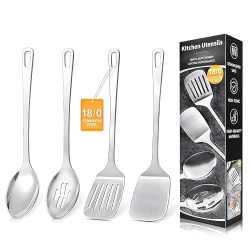 4 Pcs Cooking Utensils Set, Stainless Steel Kitchen Utensils, Heat Resistant Metal Kitchen Tools Include Solid & Slotted Turner Wok Spatula, Serving Spoon, Ergonomic Handle, Easy to Clean, Silver - Image 1
