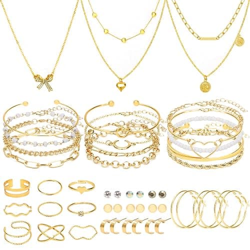 NEWITIN 49 Pieces Gold Jewelry Set for Women Fashion Costume Jewelry Gold Plated Necklace Bracelet Ring Earrings Set for Women - Image 1