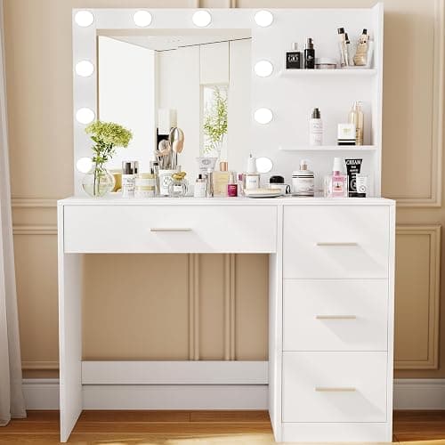 Rovaurx Vanity Desk with Mirror and Lights, Makeup Vanity Table with Storage Shelves and 4 Drawers, Bedroom Dressing Table, 10 LED Lights, 3 Color Modes & Adjustable Brightness, White - Image 1