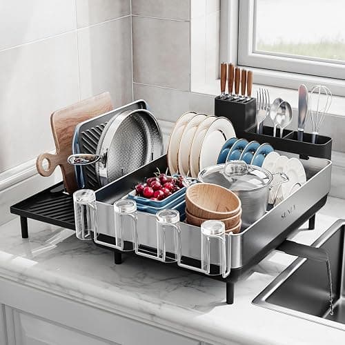 SUNLY Large Dish Drying Rack, Expandable Dish Racks for Kitchen Counter, Space Saving 304 Stainless Steel Drying Rack Kitchen, Extra Large Drainer with Multifunctional Flip Up Pegs, Black - Image 1